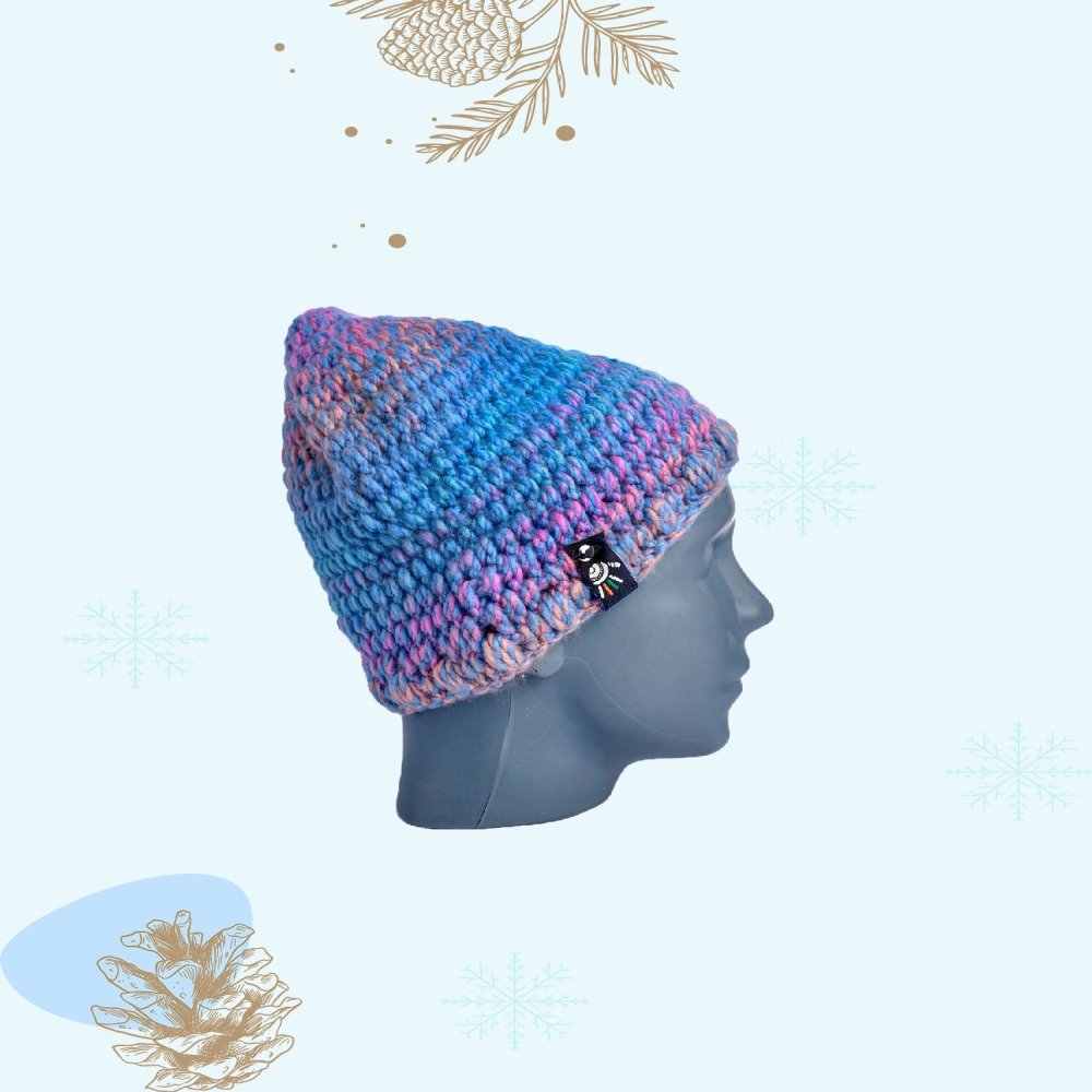 Happy Cultures | Blue Pink Multicolour Crocheted Beanie | Handcrafted