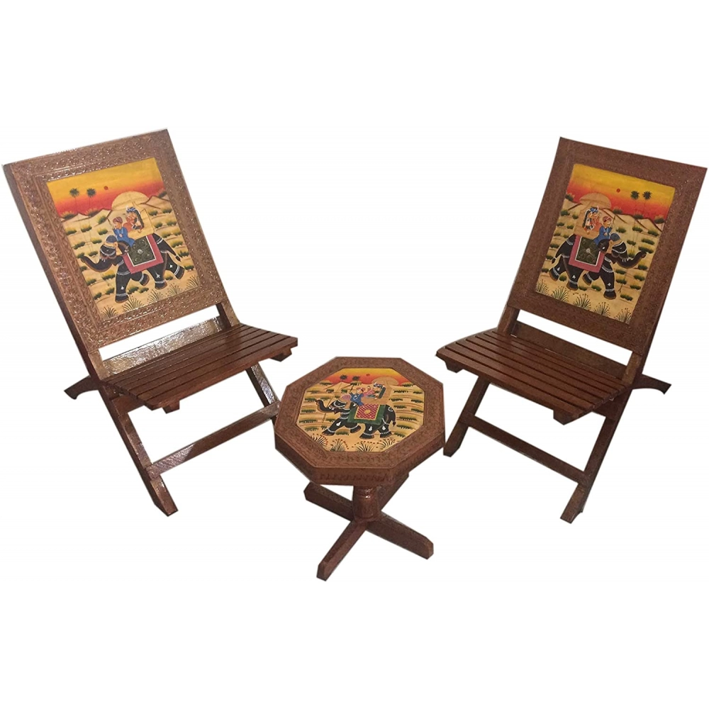 Rajasthani Dhola Maru Handmade Wooden Folding Chairs and Table with Handmade Painting Work | Multicolour | Set of 3 