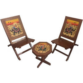 Rajasthani Dhola Maru Handmade Wooden Folding Chairs and Table with Handmade Painting Work | Multicolour | Set of 3 