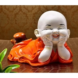 Resting Laughing Baby Buddha Wearing Orange Robe Cute Child Monk Statue