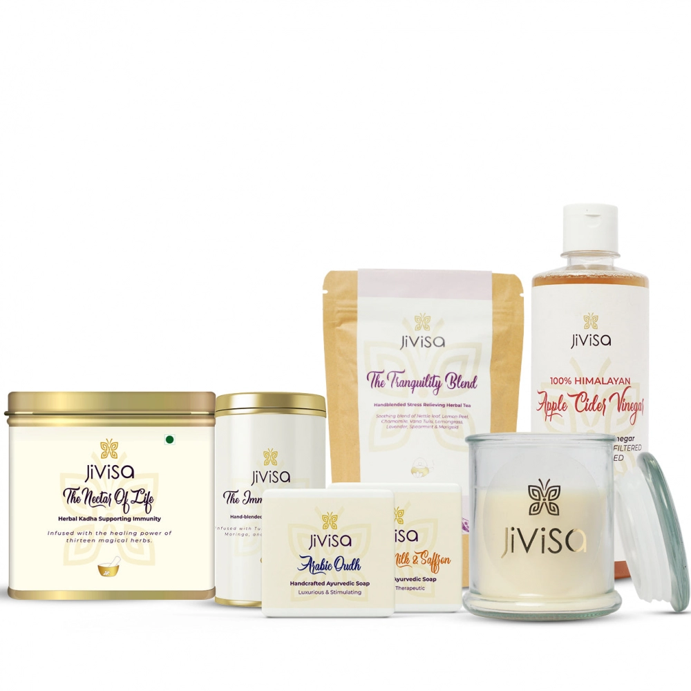 Jivisa| Self Care Wellness Bundle | Set of 7 | Himalayan Delight - Seven Spice / Almond Milk and Saffron / Soft Rose