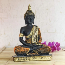 Sitting Buddha Polyresin Idol Statue Showpiece | Home Decor |  Black, Orange