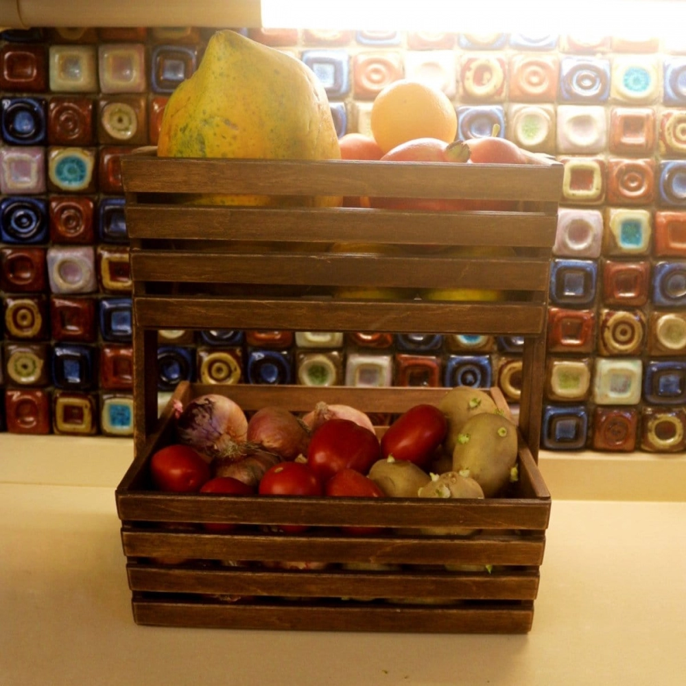 Barish Handcrafted Decor Veg & Fruit Basket | 2 Tier | Walnut