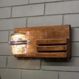 Barish Handcrafted Decor Wall Key Holder Jar Planter With Light | Walnut