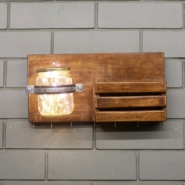 Barish Handcrafted Decor Wall Key Holder Jar Planter With Light | Walnut