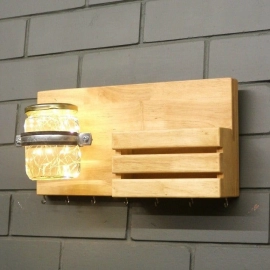 Barish Handcrafted Decor Wall Key Holder Jar Planter With Light | Rubberwood