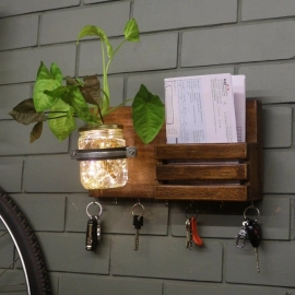 Barish Handcrafted Decor Wall Key Holder Jar Planter With Light | Walnut