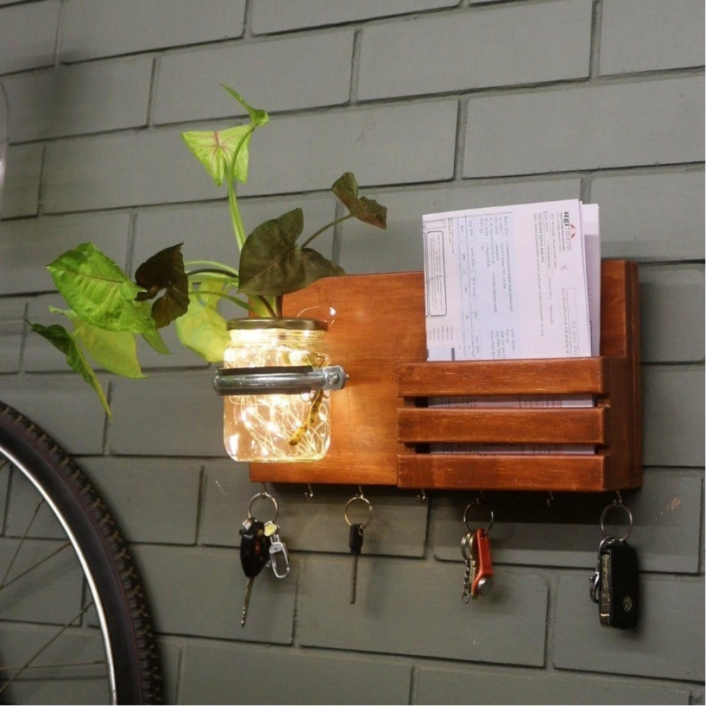 Barish Handcrafted Decor Wall Key Holder Jar Planter With Light | Firewood