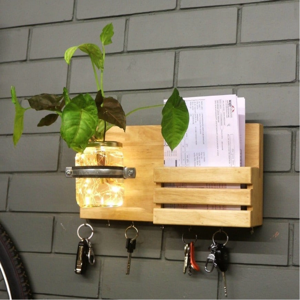 Barish Handcrafted Decor Wall Key Holder Jar Planter With Light | Rubberwood