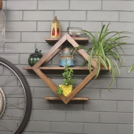 Barish Handcrafted Decor Wooden Wall Shelf Diamond | Walnut