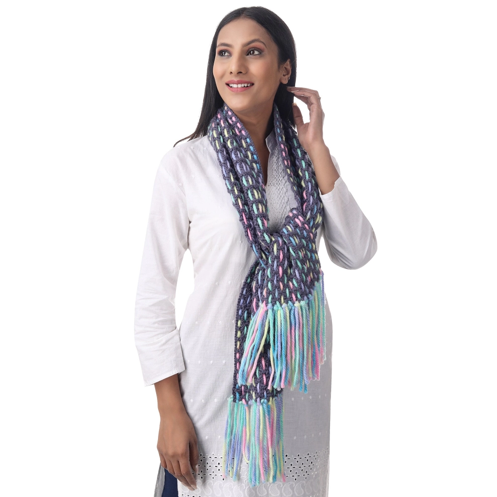 Happy Cultures Warm Dim Grey Crochet Weave Mix Scarf | Handmade