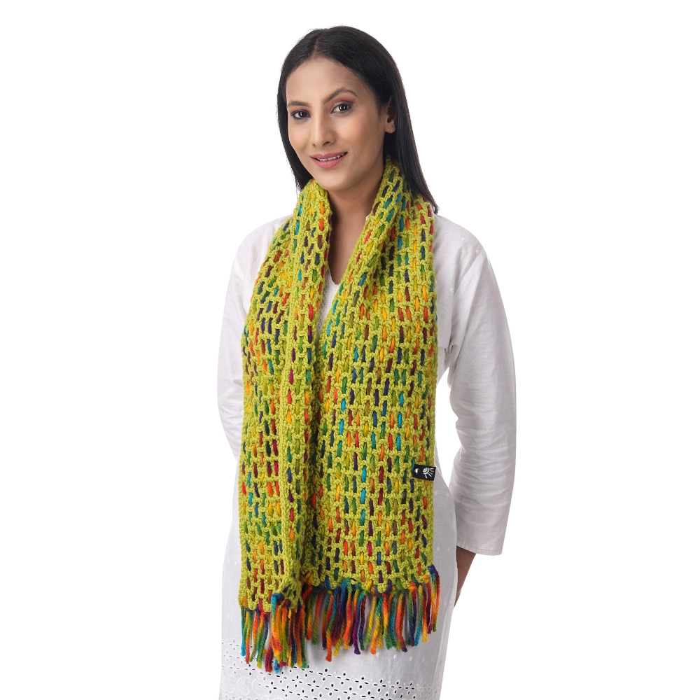 Happy Cultures Warm Parrot Green Crocheted Weave Mix Unisex Scarf | Handmade