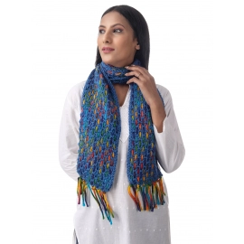 Happy Cultures Warm Prussian Blue Crochet Weave Mix Unisex Scarf | Handmade