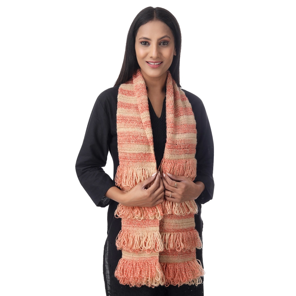 Happy Cultures Warm Sunset Peach Jhalar Crocheted Scarf | Handmade