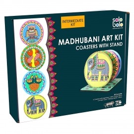 Solobolo Madhubani Painting Kit Tea Coasters with Stand | Art and Craft Kit for Girls 9-12 | Madhubani Art Kit for Girls 12-15 | Coaster DIY Kit with Art Supplies | Best Gift for Girls 10 Years