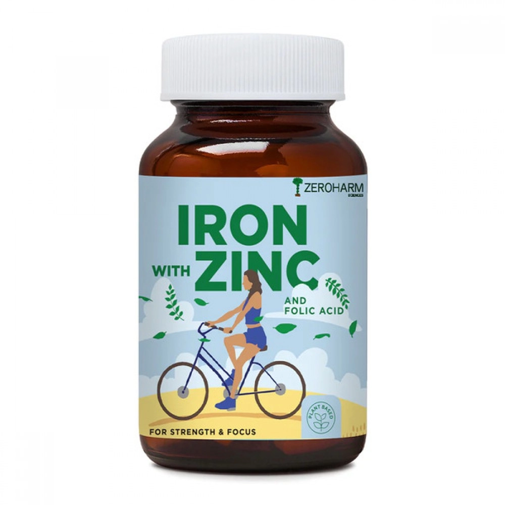 Zeroharm | Plant Based Iron With Zinc & Folic Acid Tablet Supplements For Anemia | Boosts Energy and Strength| Enhances Brain Function | Boosts Athletic Performance| Enhances Pregnancy Health | Improves Immunity